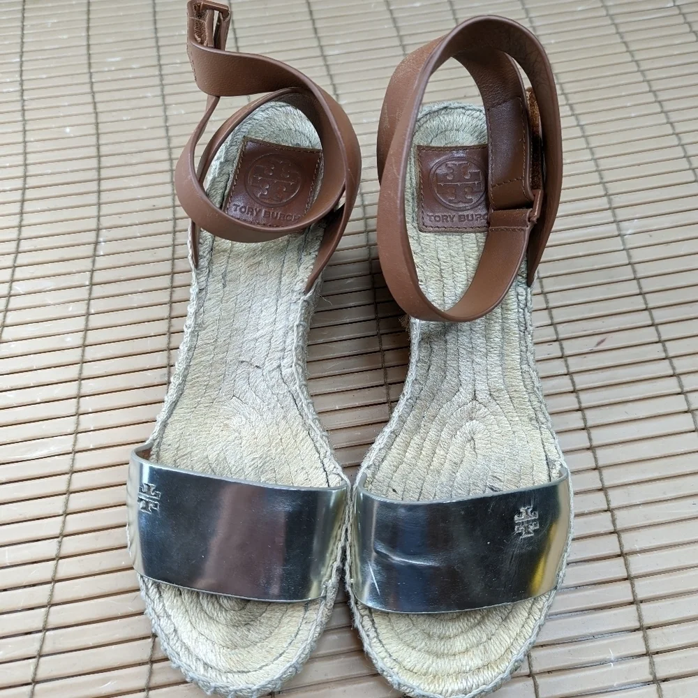 Tory Burch women's sz 7.5M platform espadrille hook & loop criss cross s…